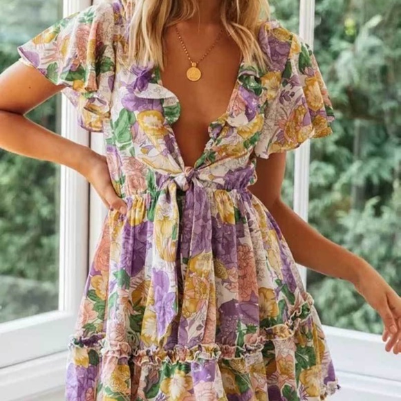Boho Purple Floral Plunging Neck Front Tie Dress - Picture 3 of 6